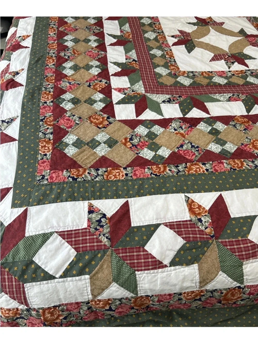 Vintage Handmade Patchwork Floral Quilt - Green, Red, Tan Approx. 81X81